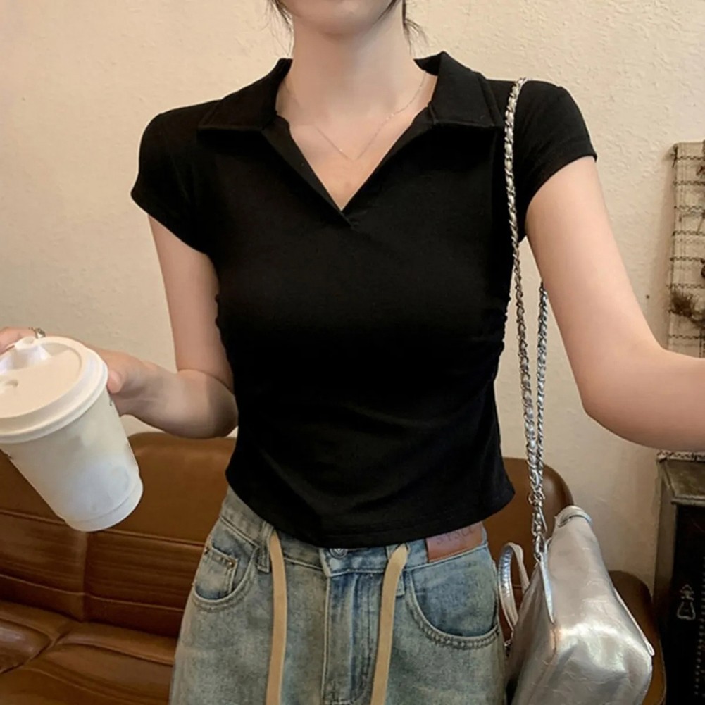 Casual Women's Short Sleeve Top Solid Color Lapel Style with Waist Cinched - Picture 6 of 9