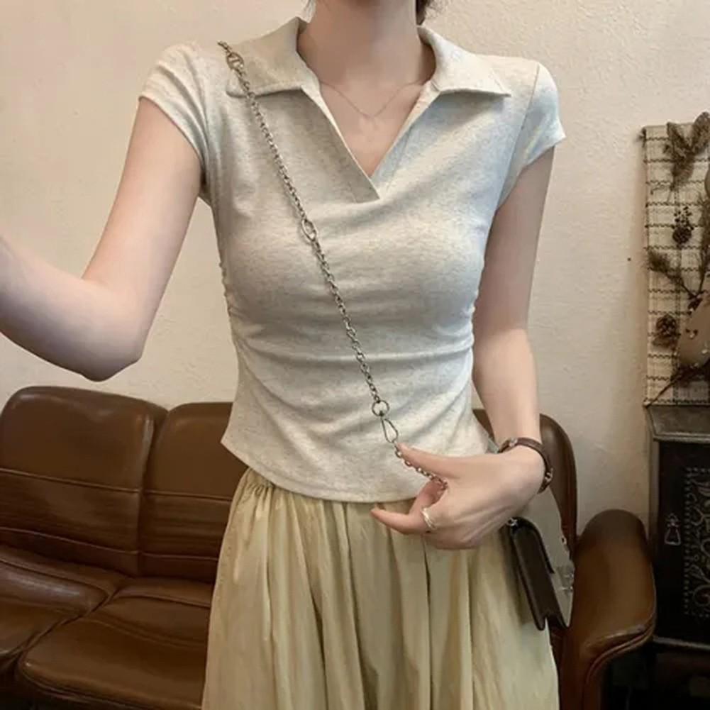 Casual Women's Short Sleeve Top Solid Color Lapel Style with Waist Cinched - Picture 8 of 9