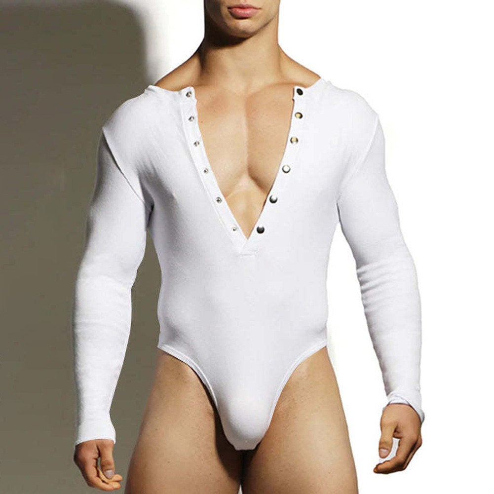 Casual Mens Rompers Breathable Jumpsuits V Neck Long Sleeved Triangle Bodysuits - Picture 13 of 28