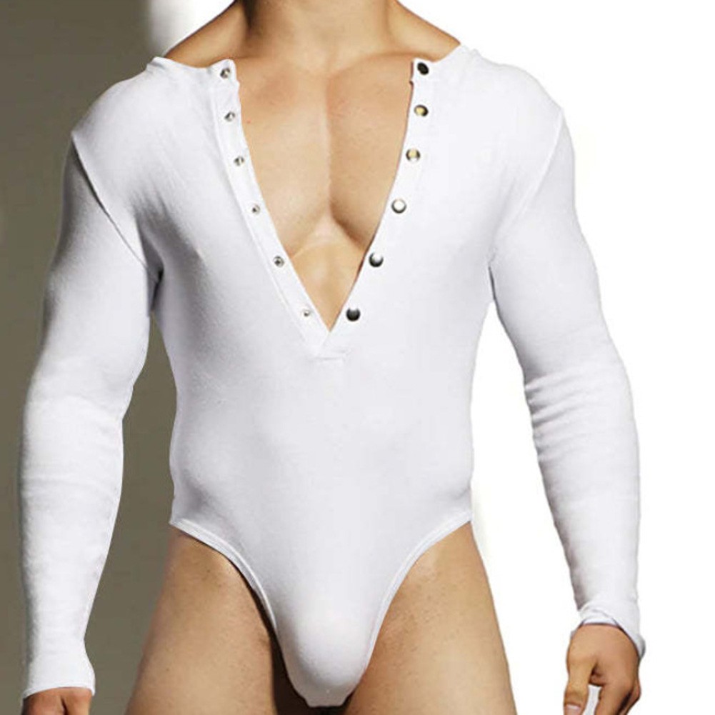 Casual Mens Rompers Breathable Jumpsuits V Neck Long Sleeved Triangle Bodysuits - Picture 16 of 28