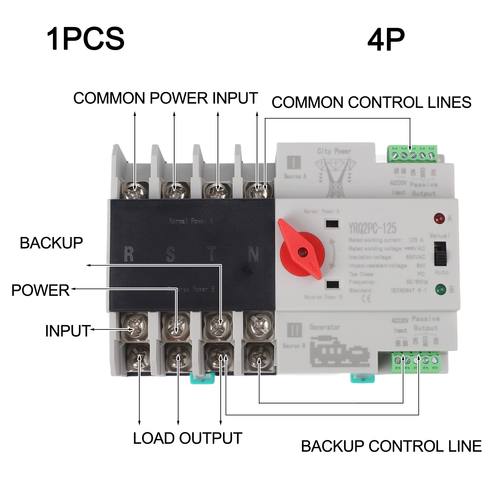 Transfer Switch Changeover Switch 125A 50/60Hz AC 220V Transfer Switch