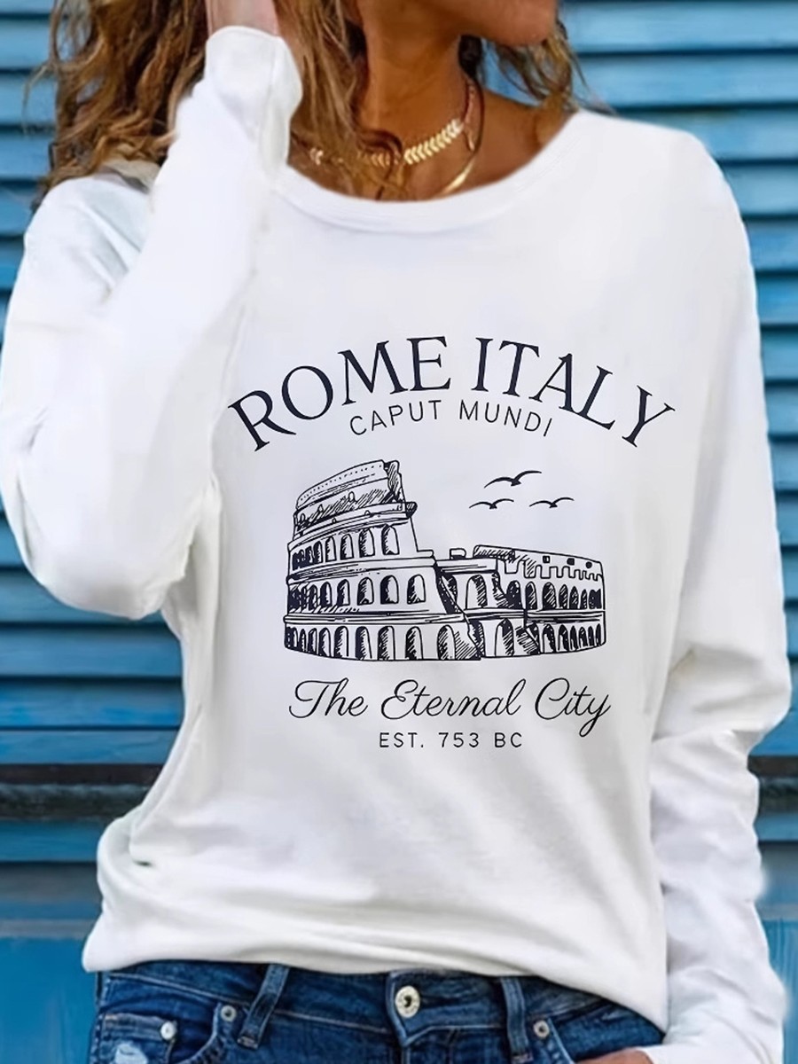 Women Casual Long Sleeve Roman Print T Shirt Round Neck Soft Breathable Fabric - Picture 18 of 84