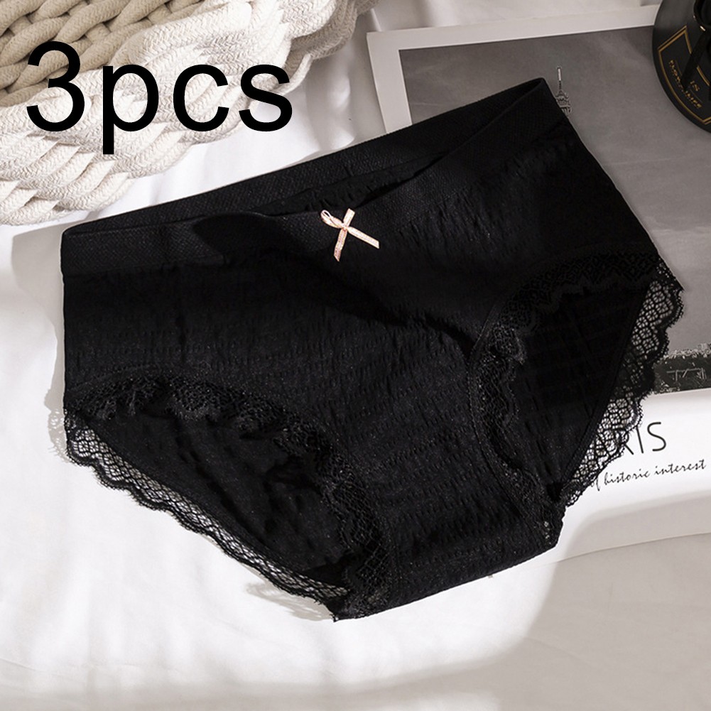 Solid Color Women Underwear 3 Pairs Pack Lace Edge High Elasticity Nylon