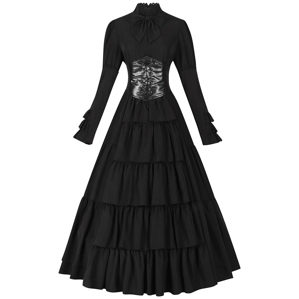 Women Renaissance Costume Dress with Waist Bandage Patchwork Full Sleeve Design - Picture 18 of 32