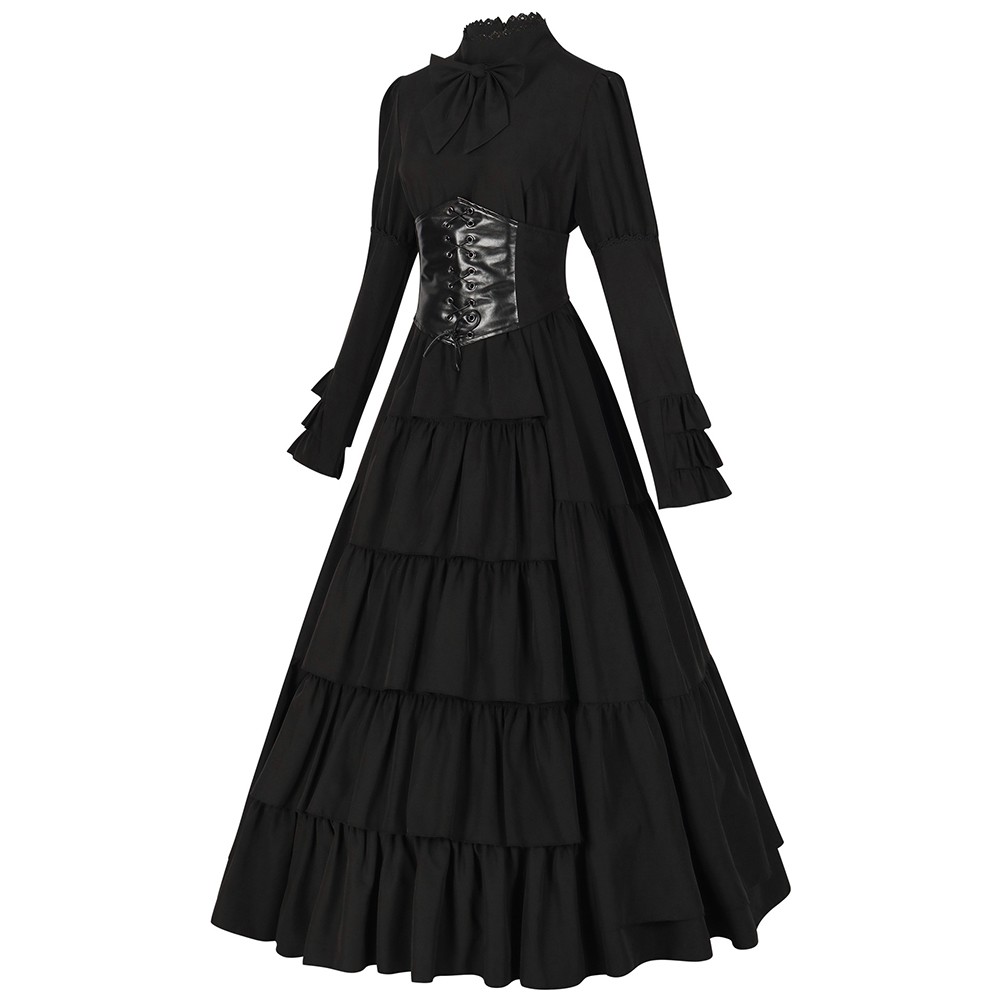Women Renaissance Costume Dress with Waist Bandage Patchwork Full Sleeve Design - Picture 23 of 32