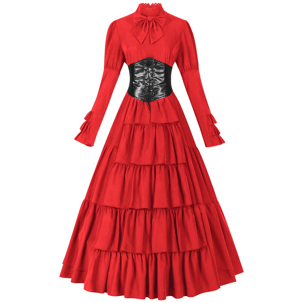 Women Renaissance Costume Dress with Waist Bandage Patchwork Full Sleeve Design - Picture 30 of 32