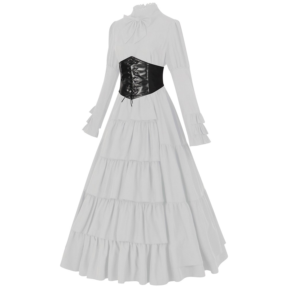 Women Renaissance Costume Dress with Waist Bandage Patchwork Full Sleeve Design - Picture 32 of 32