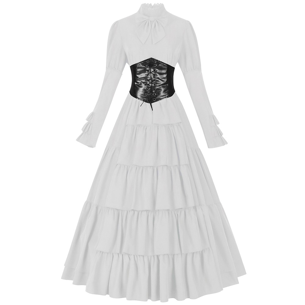 Women Renaissance Costume Dress with Waist Bandage Patchwork Full Sleeve Design - Picture 31 of 32