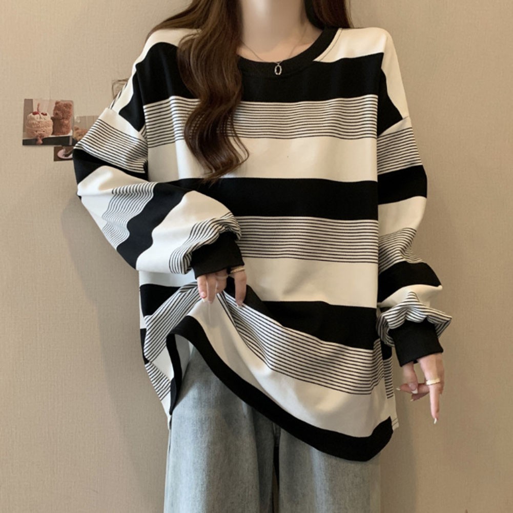 Ladies' Fashionable Casual Round Neck Striped Loose Long Sleeved Top - Picture 16 of 22