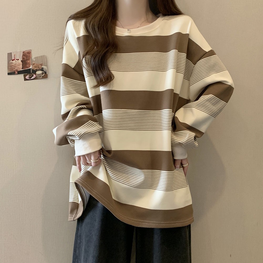 Ladies' Fashionable Casual Round Neck Striped Loose Long Sleeved Top - Picture 15 of 22