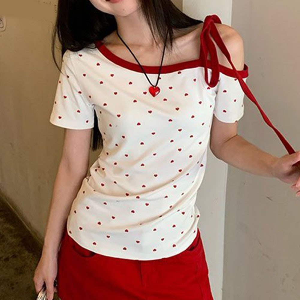 Women Off Shoulder T Shirt Heart Print Lace Up Short Sleeve Slim Fit Summer Top - Picture 13 of 60