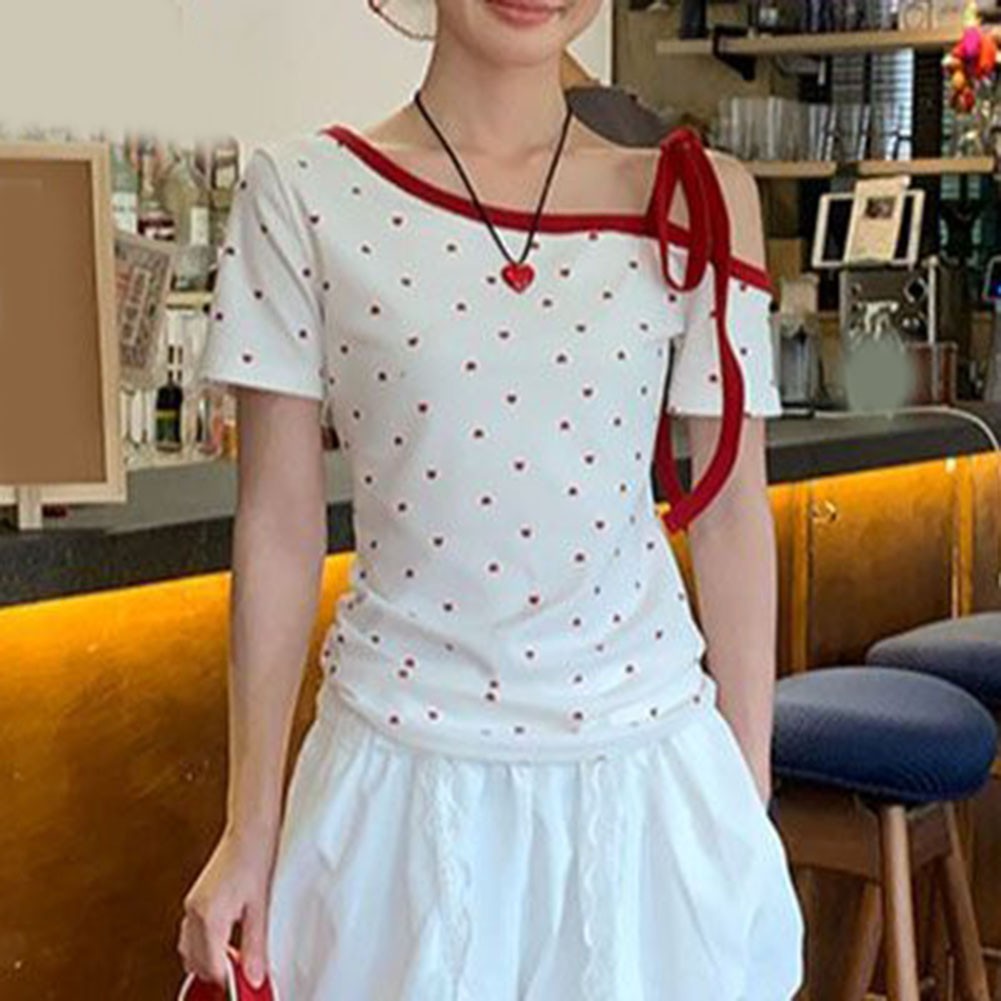 Women Off Shoulder T Shirt Heart Print Lace Up Short Sleeve Slim Fit Summer Top - Picture 33 of 60