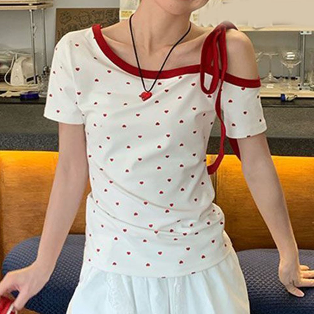 Women Off Shoulder T Shirt Heart Print Lace Up Short Sleeve Slim Fit Summer Top - Picture 23 of 60