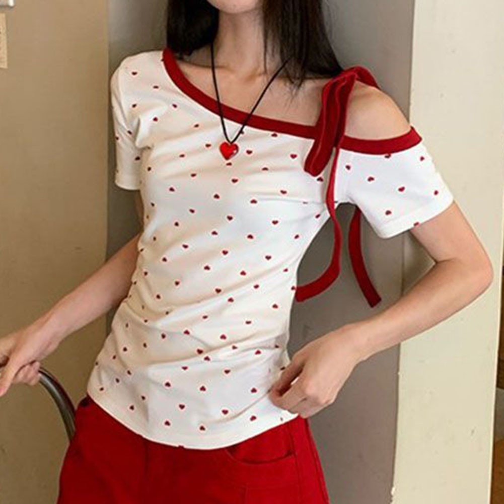 Women Off Shoulder T Shirt Heart Print Lace Up Short Sleeve Slim Fit Summer Top - Picture 35 of 60