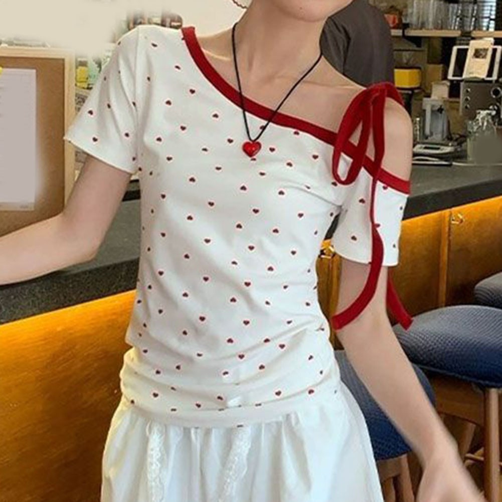 Women Off Shoulder T Shirt Heart Print Lace Up Short Sleeve Slim Fit Summer Top - Picture 24 of 60