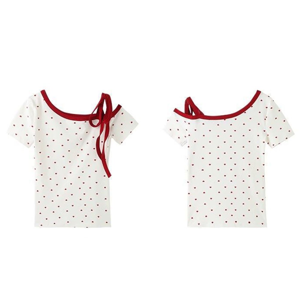 Women Off Shoulder T Shirt Heart Print Lace Up Short Sleeve Slim Fit Summer Top - Picture 17 of 60