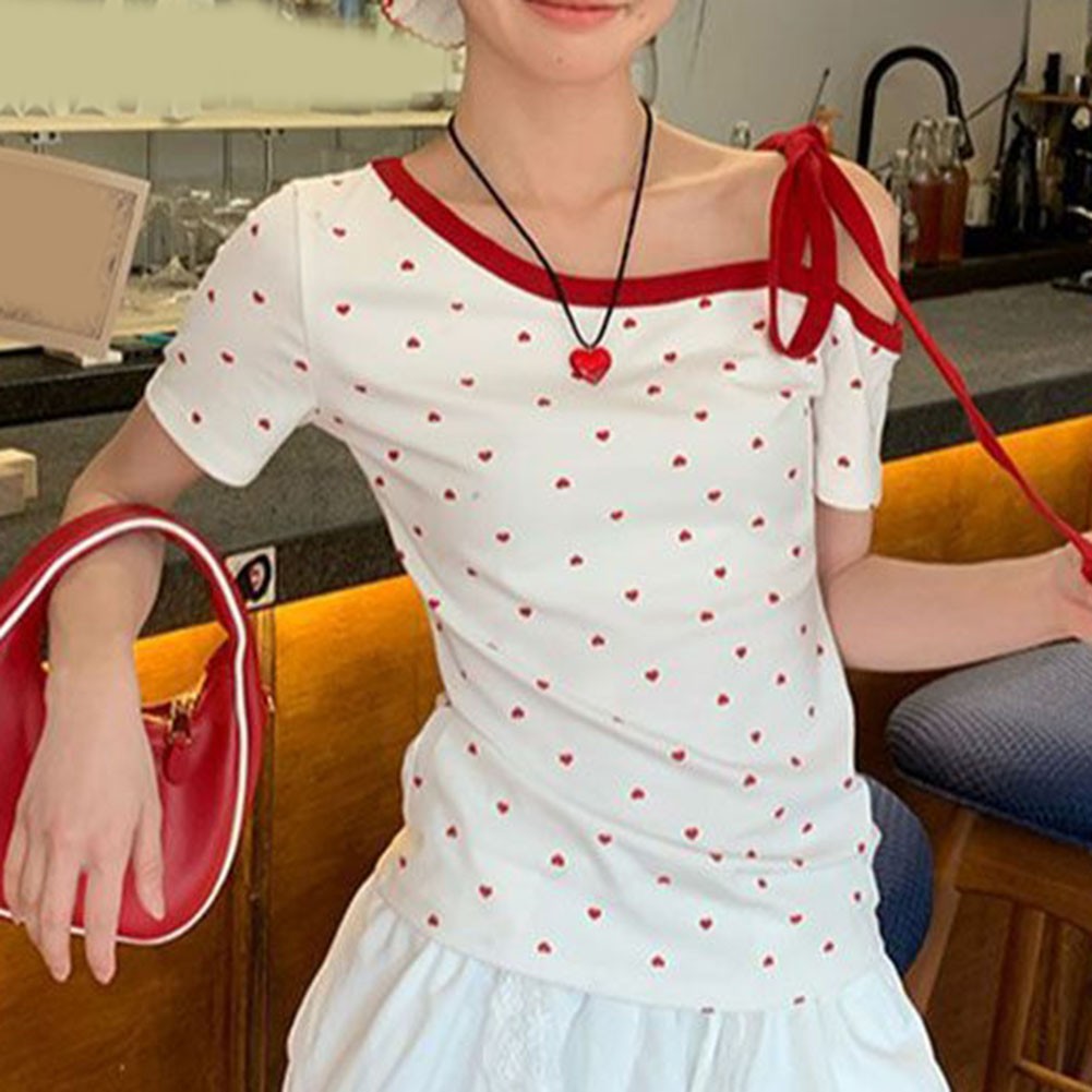 Women Off Shoulder T Shirt Heart Print Lace Up Short Sleeve Slim Fit Summer Top - Picture 20 of 60