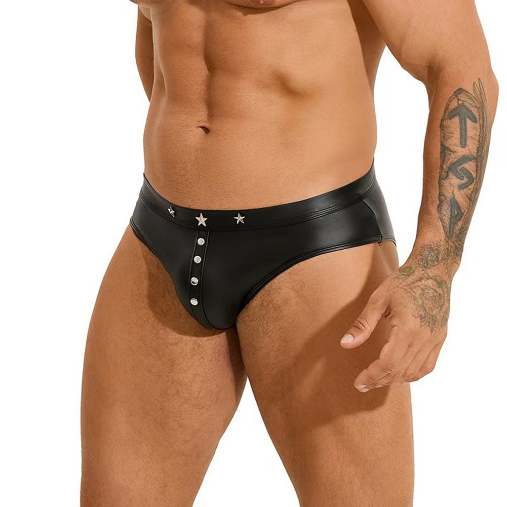 Men Black Imitation Leather Underwear Punk Rivet Triangular Briefs Size M 2XL - Picture 20 of 26
