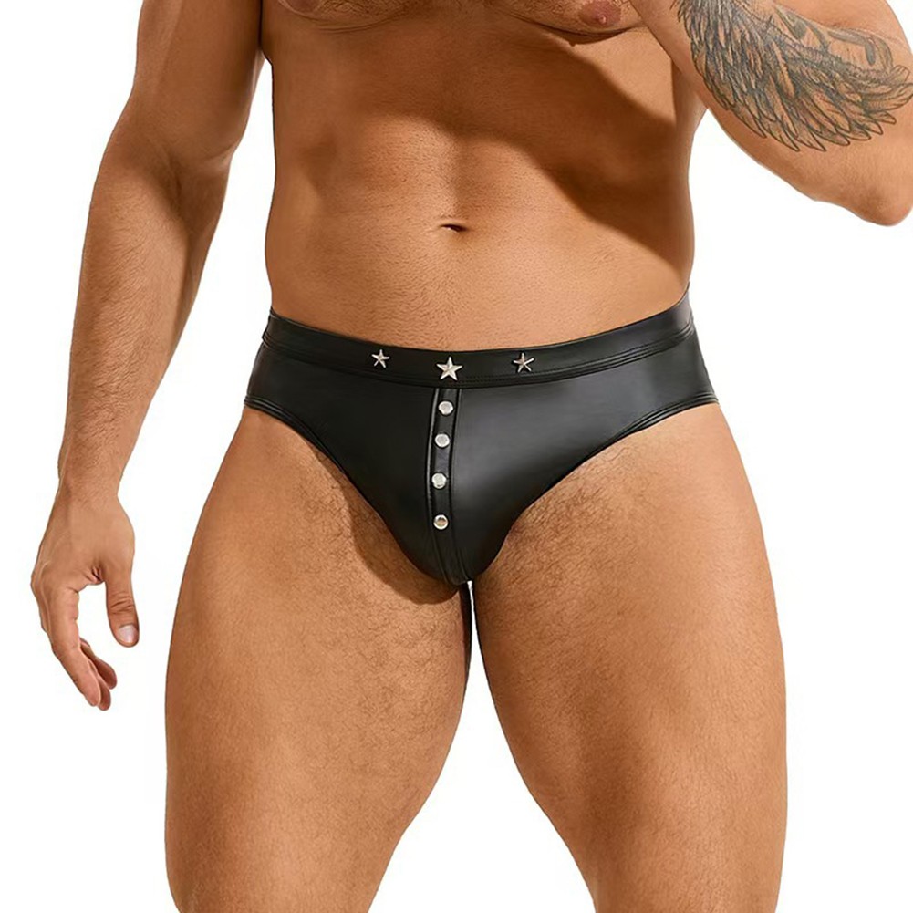 Men Black Imitation Leather Underwear Punk Rivet Triangular Briefs Size M 2XL - Picture 15 of 26