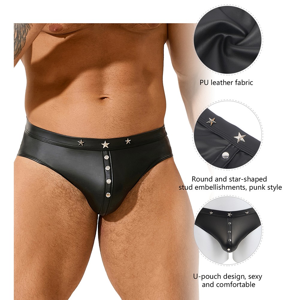 Men Black Imitation Leather Underwear Punk Rivet Triangular Briefs Size M 2XL - Picture 19 of 26