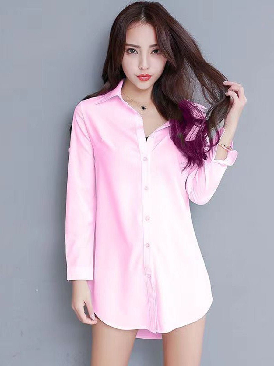 Minimalist Women's White Black Long Sleeve V Neckline Slim Fit Shirt Dress - Picture 33 of 42