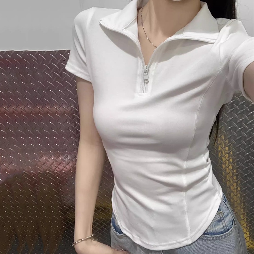 Summer Casual Women For Polo Collar Zipper Top Short Sleeve Comfortable Fabric - Picture 9 of 16
