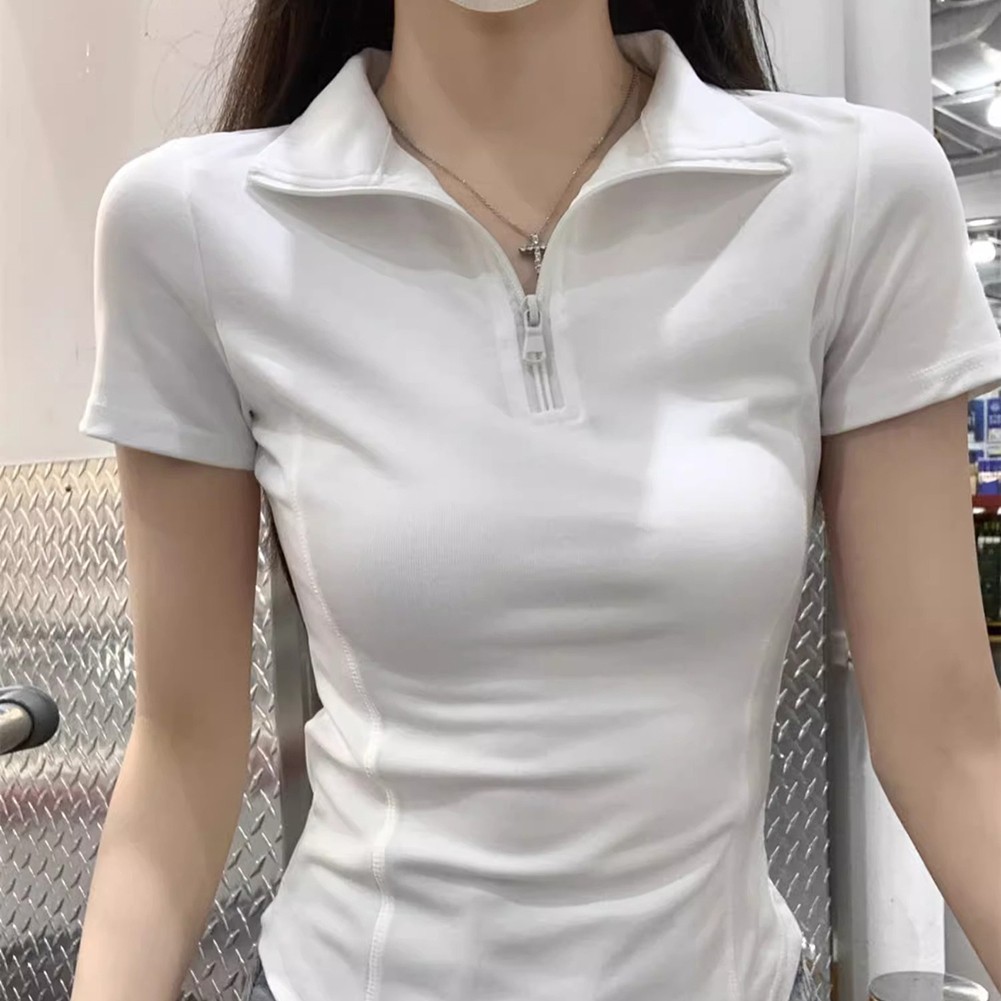Summer Casual Women For Polo Collar Zipper Top Short Sleeve Comfortable Fabric - Picture 12 of 16