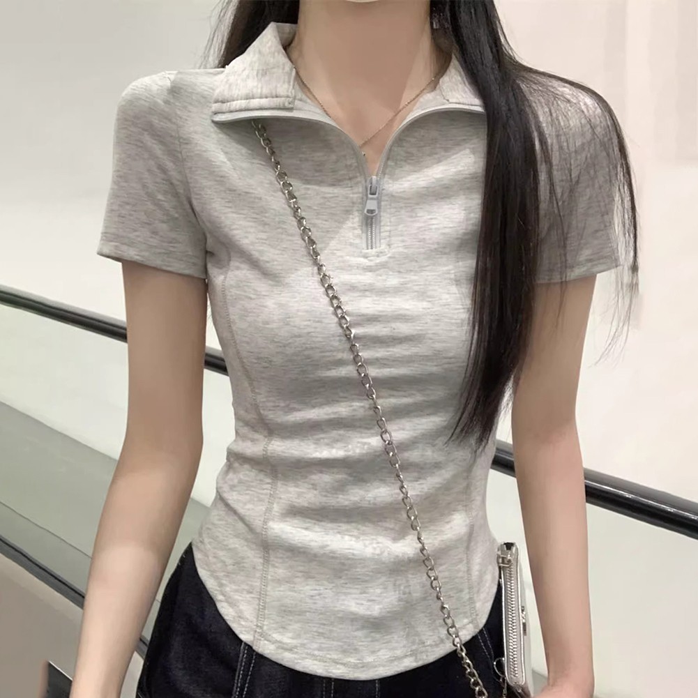 Summer Casual Women For Polo Collar Zipper Top Short Sleeve Comfortable Fabric - Picture 15 of 16