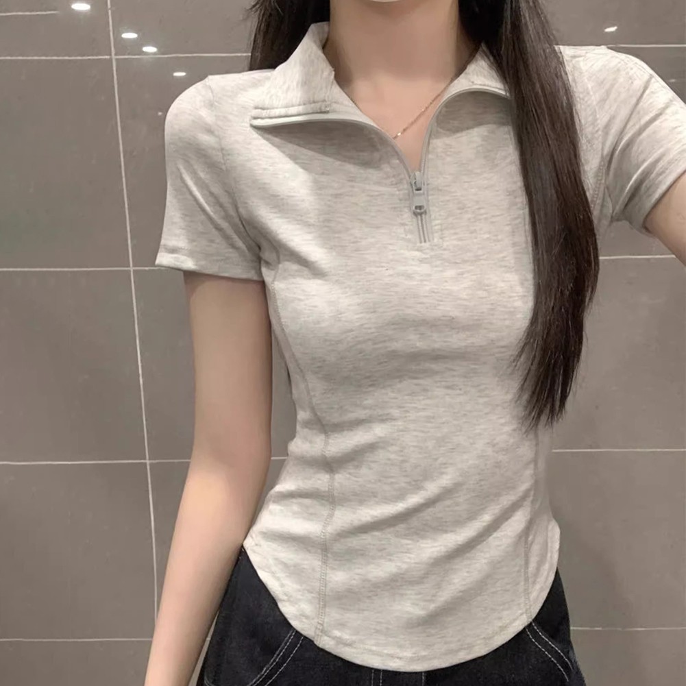 Summer Casual Women For Polo Collar Zipper Top Short Sleeve Comfortable Fabric - Picture 14 of 16