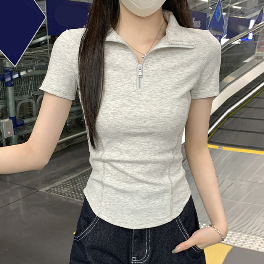 Summer Casual Women For Polo Collar Zipper Top Short Sleeve Comfortable Fabric - Picture 13 of 16