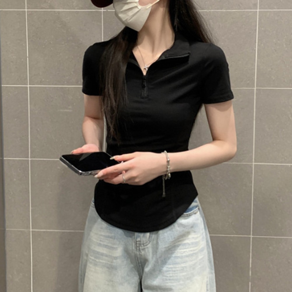 Summer Casual Women For Polo Collar Zipper Top Short Sleeve Comfortable Fabric - Picture 16 of 16
