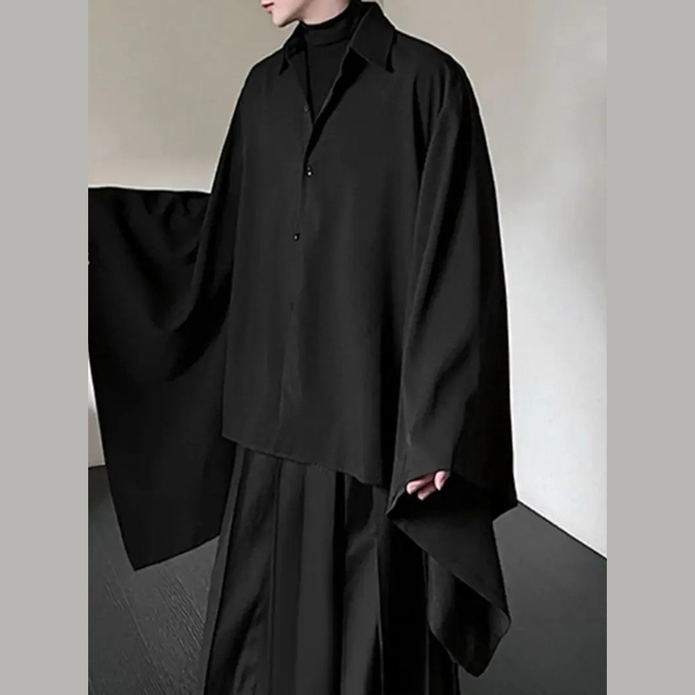 Men Shirt Loose Fit Long Sleeve Bell Sleeve Lapel Flare Button Vintage Style - Picture 22 of 25