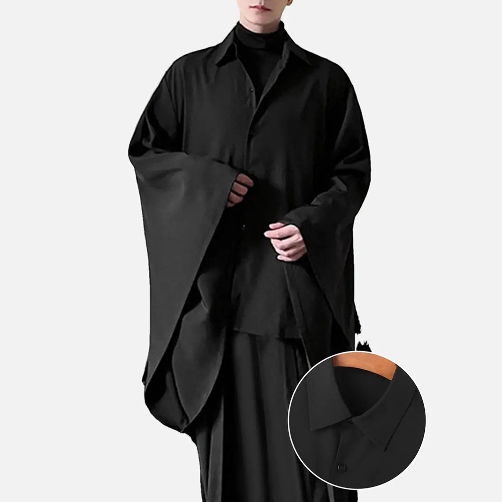 Men Shirt Loose Fit Long Sleeve Bell Sleeve Lapel Flare Button Vintage Style - Picture 23 of 25