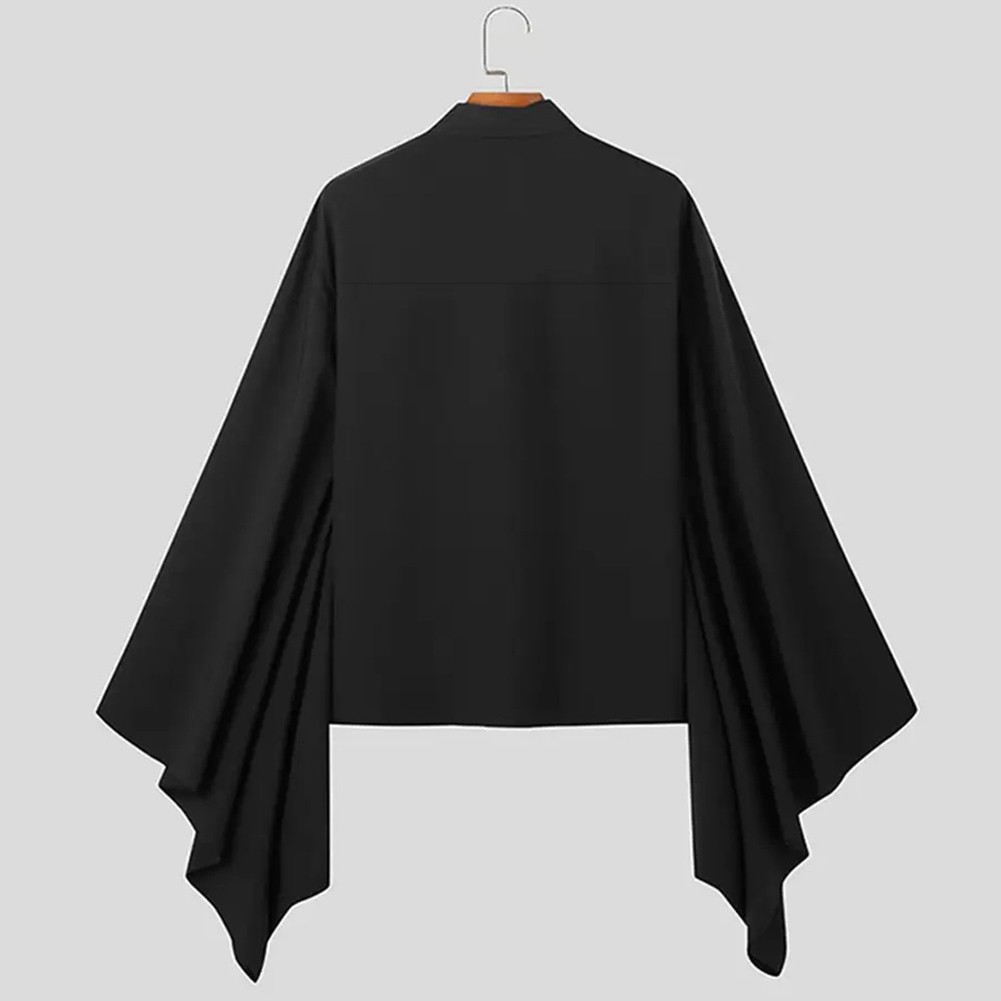 Men Shirt Loose Fit Long Sleeve Bell Sleeve Lapel Flare Button Vintage Style - Picture 16 of 25