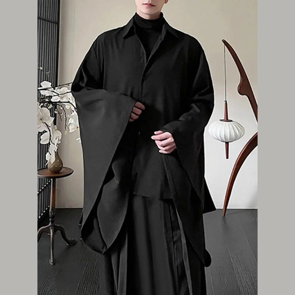 Men Shirt Loose Fit Long Sleeve Bell Sleeve Lapel Flare Button Vintage Style - Picture 14 of 25