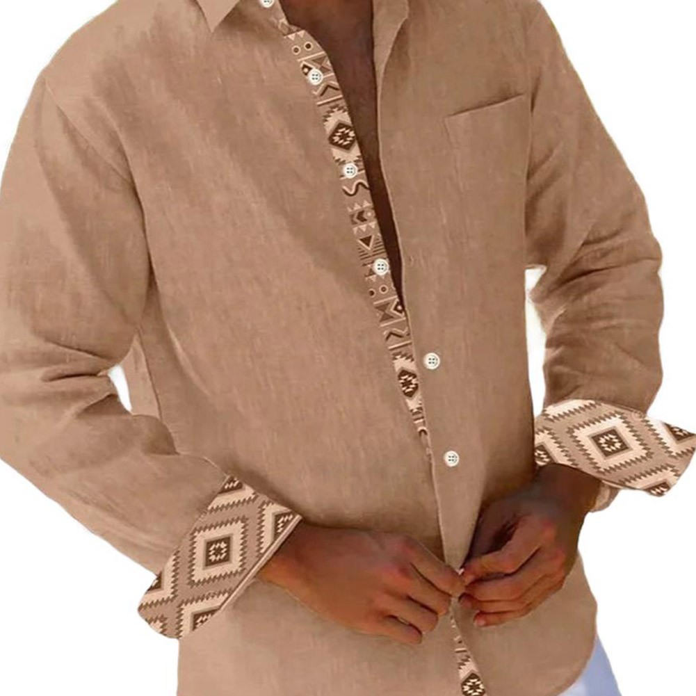 Mens Casual Long Sleeve Linen Shirt Breathable Patchwork Button Down Shirt - Picture 7 of 15
