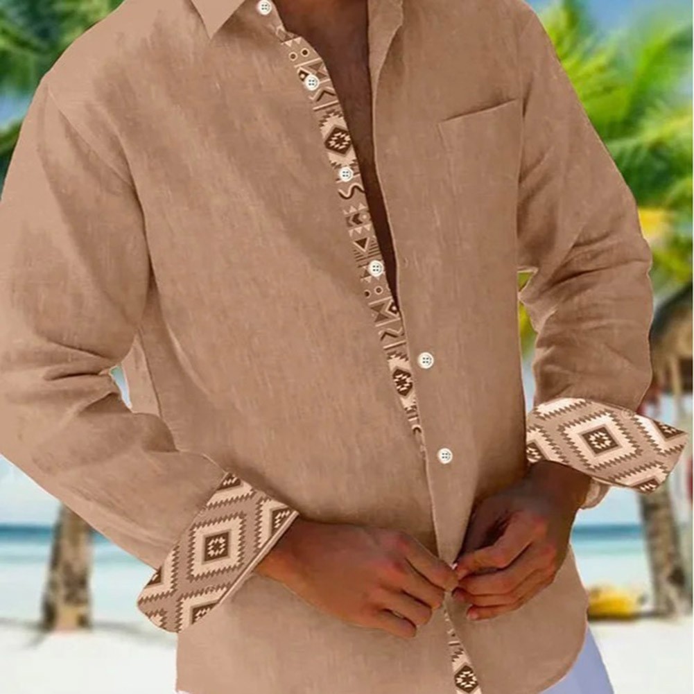 Mens Casual Long Sleeve Linen Shirt Breathable Patchwork Button Down Shirt - Picture 8 of 15