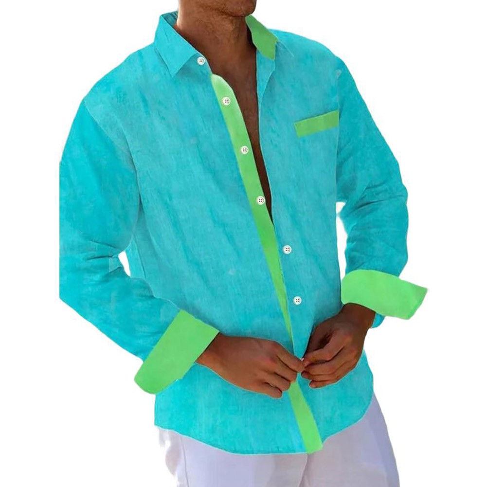 Mens Casual Long Sleeve Linen Shirt Breathable Patchwork Button Down Shirt - Picture 15 of 15