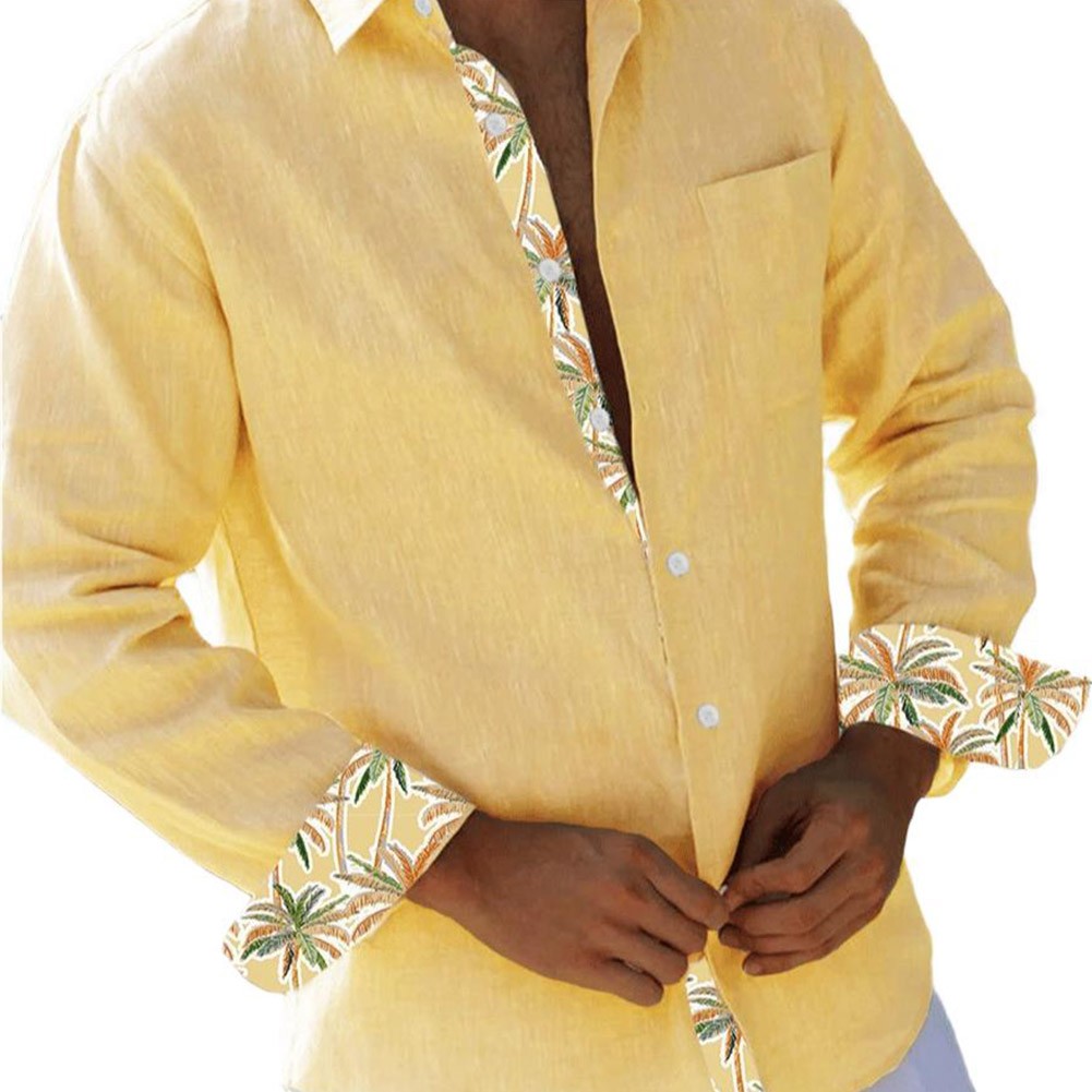 Mens Casual Long Sleeve Linen Shirt Breathable Patchwork Button Down Shirt - Picture 11 of 15