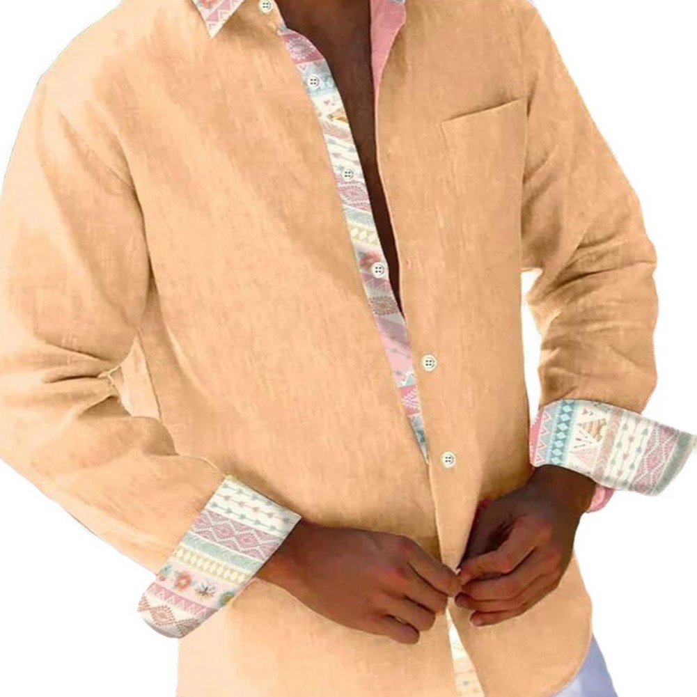 Mens Casual Long Sleeve Linen Shirt Breathable Patchwork Button Down Shirt - Picture 9 of 15