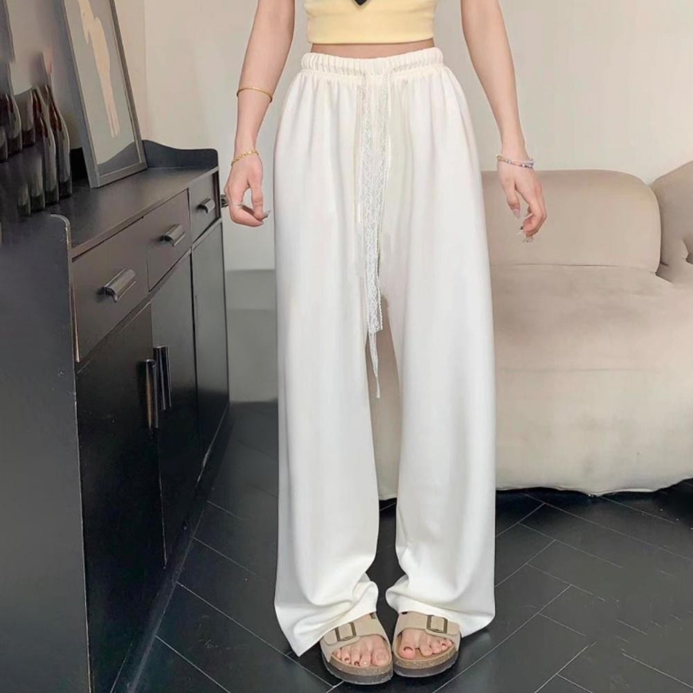 Women Casual Wide Leg Pants with Lace Drawstring High Waist Elastic Loose Fit - Picture 14 of 14