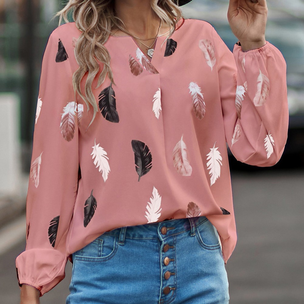 Feather Print Vneck Shirt Long Sleeve for Women Casual and Street Style - Picture 13 of 37