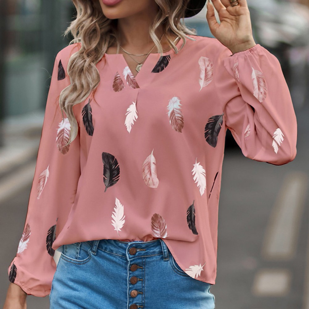 Feather Print Vneck Shirt Long Sleeve for Women Casual and Street Style - Picture 14 of 37