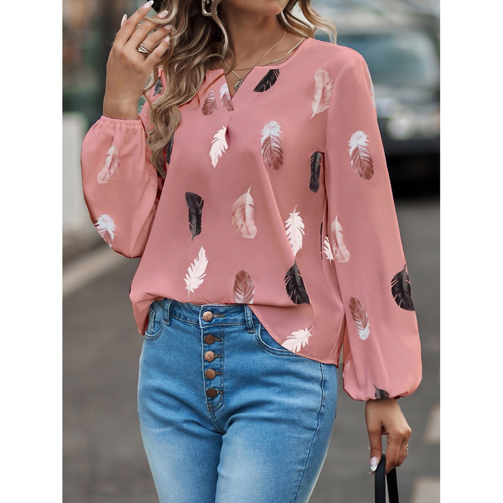 Feather Print Vneck Shirt Long Sleeve for Women Casual and Street Style - Picture 16 of 37