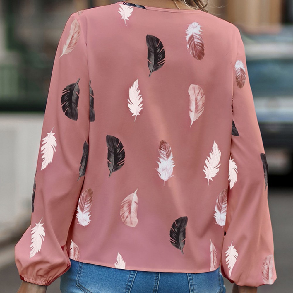 Feather Print Vneck Shirt Long Sleeve for Women Casual and Street Style - Picture 17 of 37