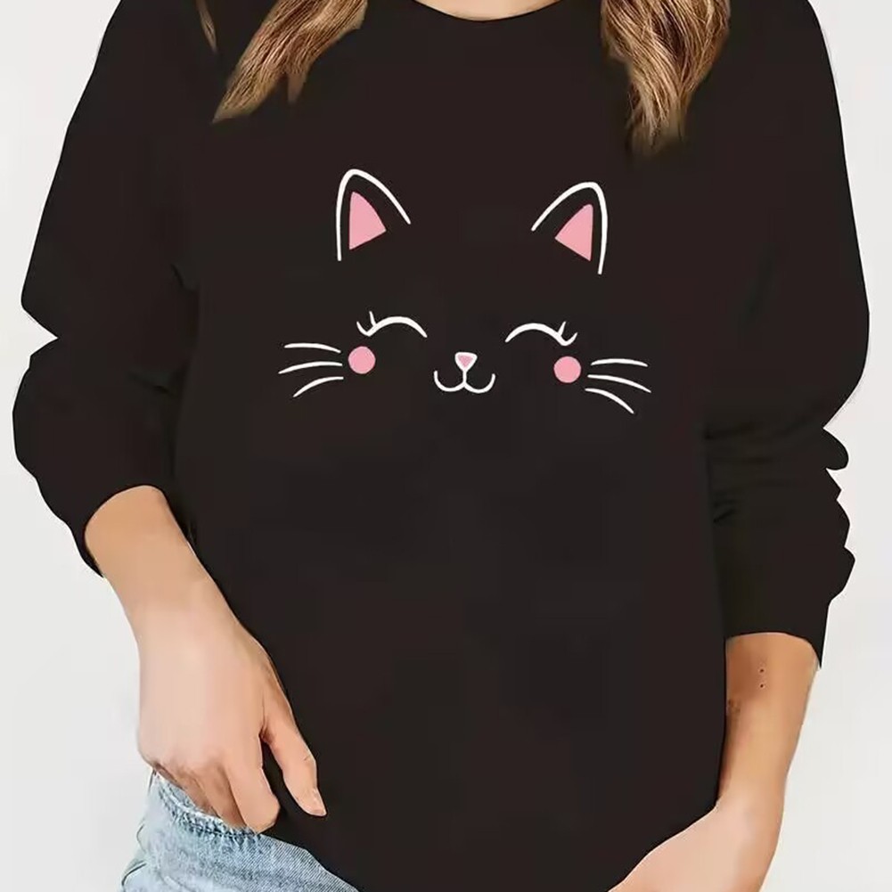 Fashion Cat Face Printed Hoodie Long Sleeve Off Shoulder Pullover Top for Women - Picture 10 of 13
