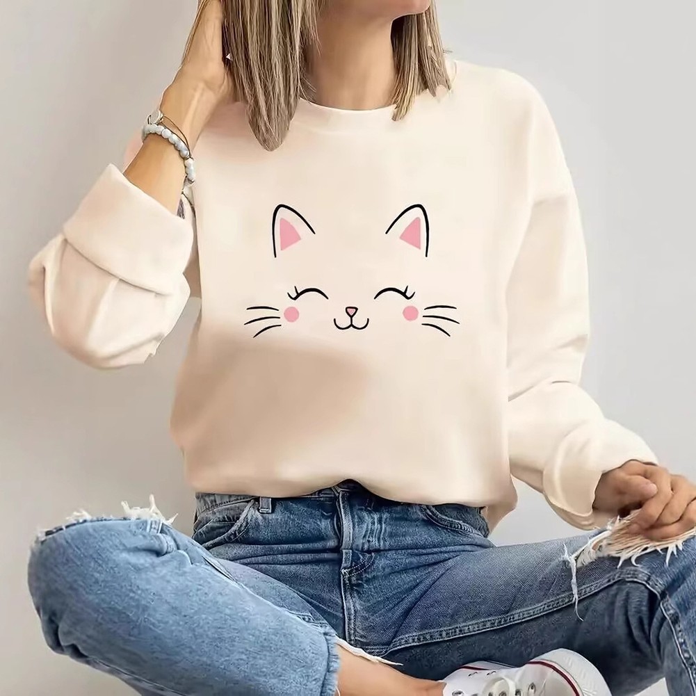 Fashion Cat Face Printed Hoodie Long Sleeve Off Shoulder Pullover Top for Women - Picture 7 of 13