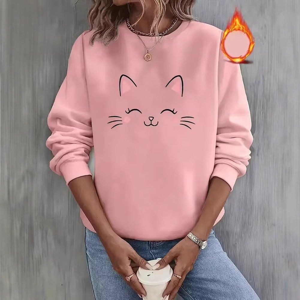 Fashion Cat Face Printed Hoodie Long Sleeve Off Shoulder Pullover Top for Women - Picture 11 of 13