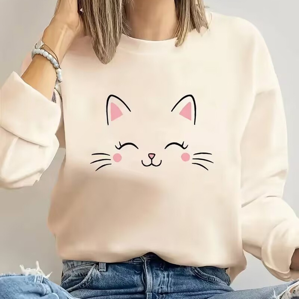 Fashion Cat Face Printed Hoodie Long Sleeve Off Shoulder Pullover Top for Women - Picture 8 of 13