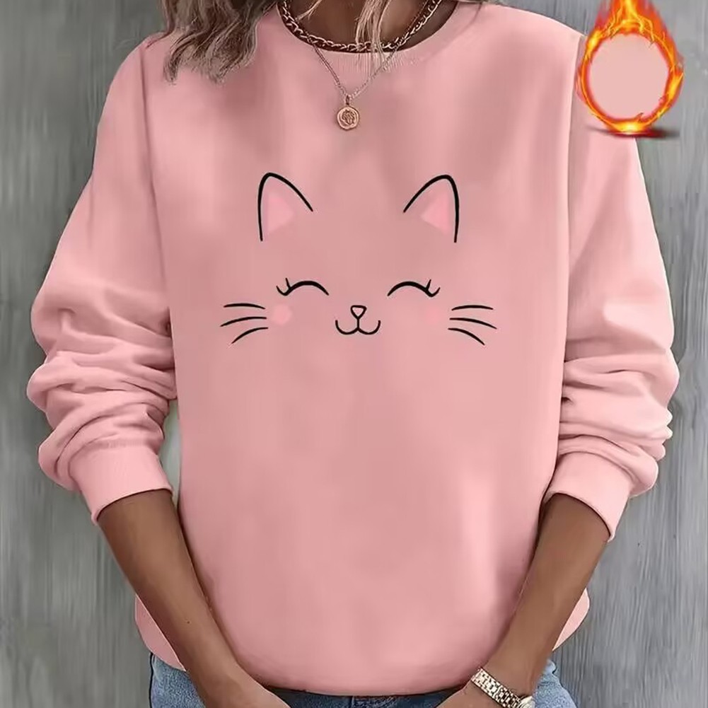 Fashion Cat Face Printed Hoodie Long Sleeve Off Shoulder Pullover Top for Women - Picture 12 of 13